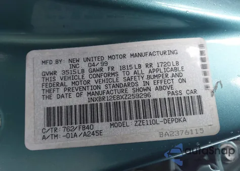 1999 Toyota Corolla Ce из США, поврежденный, VIN 1NXBR12E8XZ259296